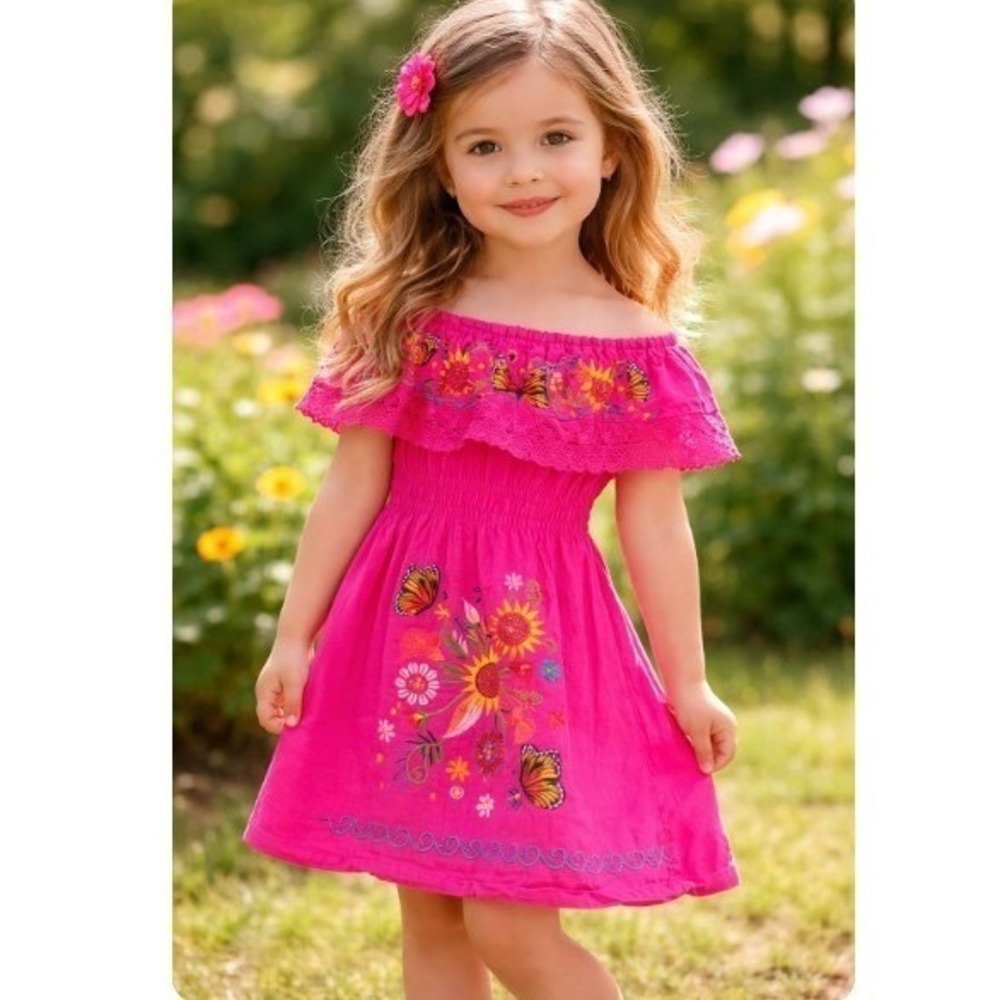 Mexican Kids Bohemian Off Shoulder Embroidered Lace Dress Deep Pink Size 24M EUC